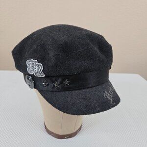 Vtg Hard Rock Cafe Gray Wool Cadet Hat Star Studded Band Embroidered Union Jack